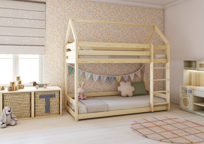 FLORENCE PIĘTROWE drewniane łóżko piętrowe domek z prostymi barierkami