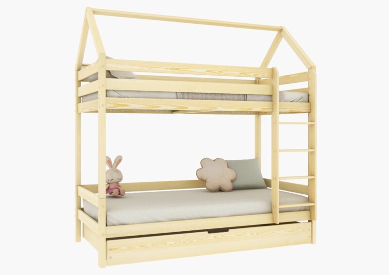 FLORENCE DUO PIĘTROWA drewniane łóżko piętrowe domek z prostymi barierkami i szufladą z funkcją spania