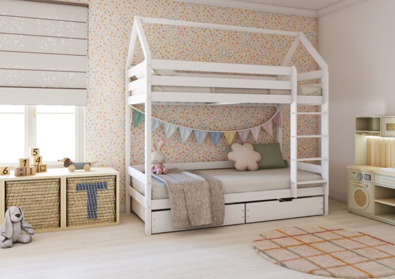 FLORENCE BOX PIĘTROWE drewniane łóżko piętrowe domek z prostymi barierkami i szufladami na pościel