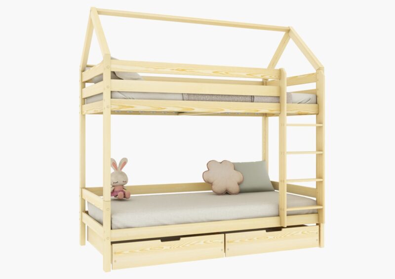 FLORENCE BOX PIĘTROWE drewniane łóżko piętrowe domek z prostymi barierkami i szufladami na pościel