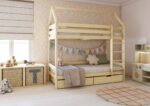 FLORENCE BOX PIĘTROWE drewniane łóżko piętrowe domek z prostymi barierkami i szufladami na pościel