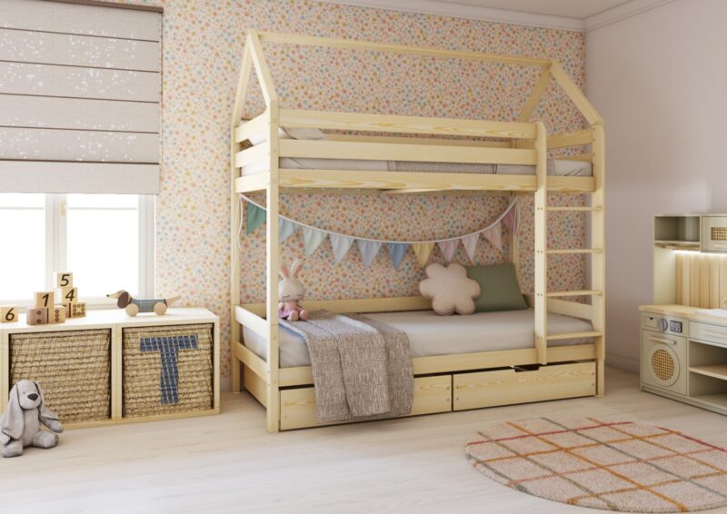 FLORENCE BOX PIĘTROWE drewniane łóżko piętrowe domek z prostymi barierkami i szufladami na pościel