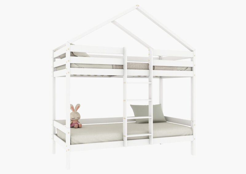 HUFFIE PIĘTROWE drewniane łóżko piętrowe domek z poziomymi barierkami na wysokich nogach