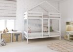 HUFFIE PIĘTROWE drewniane łóżko piętrowe domek z poziomymi barierkami na wysokich nogach