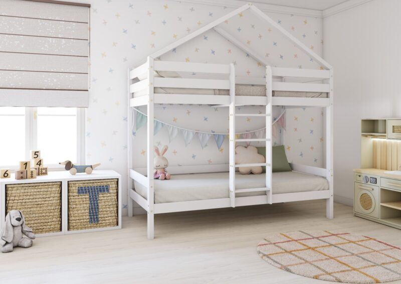 HUFFIE PIĘTROWE drewniane łóżko piętrowe domek z poziomymi barierkami na wysokich nogach