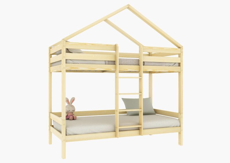 HUFFIE PIĘTROWE drewniane łóżko piętrowe domek z poziomymi barierkami na wysokich nogach