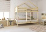 HUFFIE PIĘTROWE drewniane łóżko piętrowe domek z poziomymi barierkami na wysokich nogach