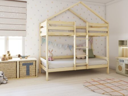 HUFFIE PIĘTROWE drewniane łóżko piętrowe domek z poziomymi barierkami na wysokich nogach