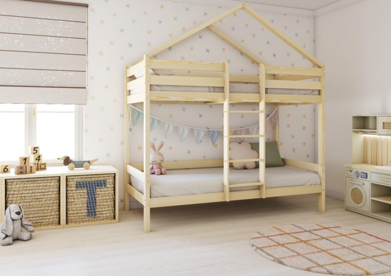 HUFFIE PIĘTROWE drewniane łóżko piętrowe domek z poziomymi barierkami na wysokich nogach