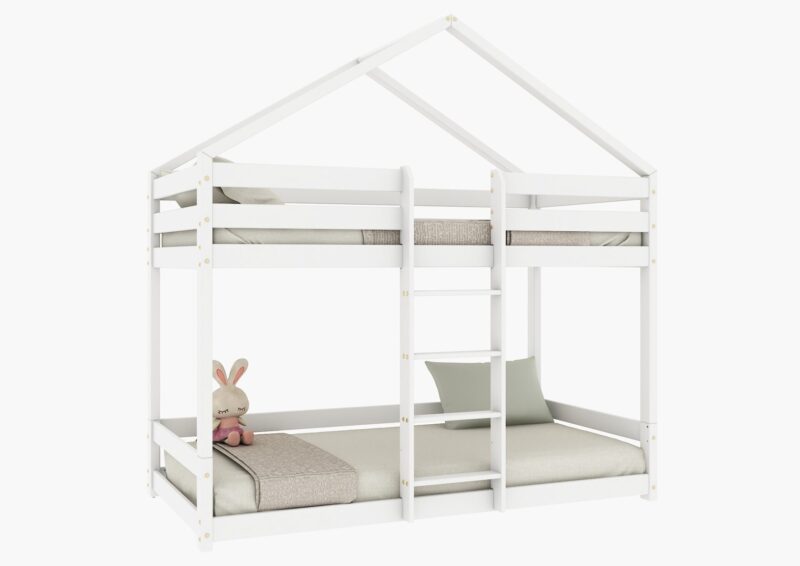 HUFFIE PIĘTROWE drewniane łóżko piętrowe z poziomymi barierkami na niskich nogach