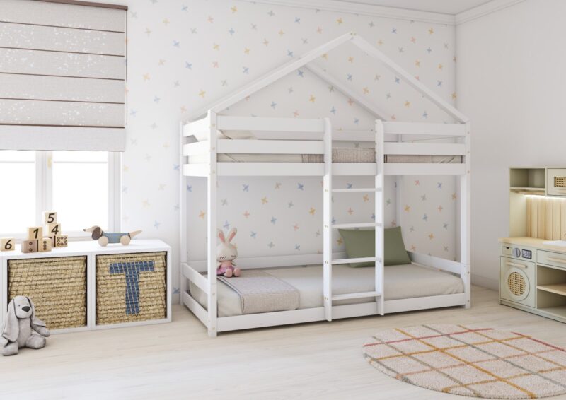 HUFFIE PIĘTROWE drewniane łóżko piętrowe z poziomymi barierkami na niskich nogach