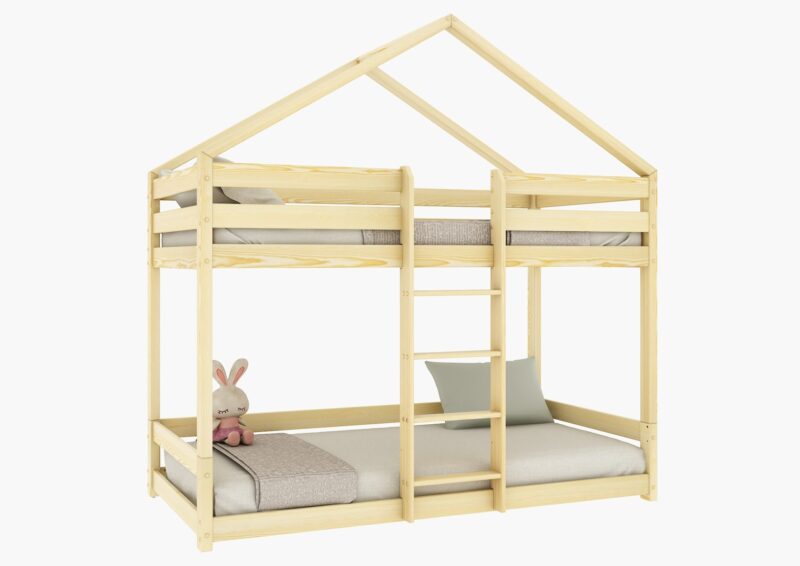 HUFFIE PIĘTROWE drewniane łóżko piętrowe z poziomymi barierkami na niskich nogach