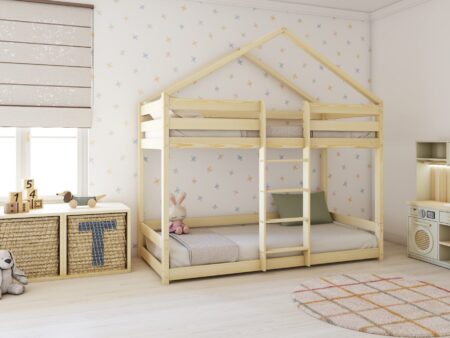 HUFFIE PIĘTROWE drewniane łóżko piętrowe z poziomymi barierkami na niskich nogach