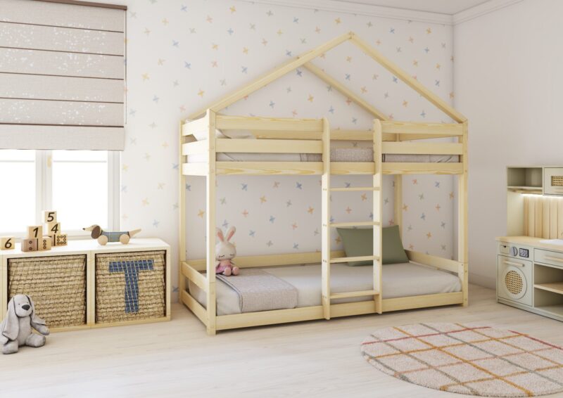 HUFFIE PIĘTROWE drewniane łóżko piętrowe z poziomymi barierkami na niskich nogach