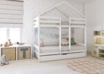 HUFFIE DUO PIĘTROWE drewniane łóżko piętrowe domek z poziomymi barierkami i szufladą z funkcją spania
