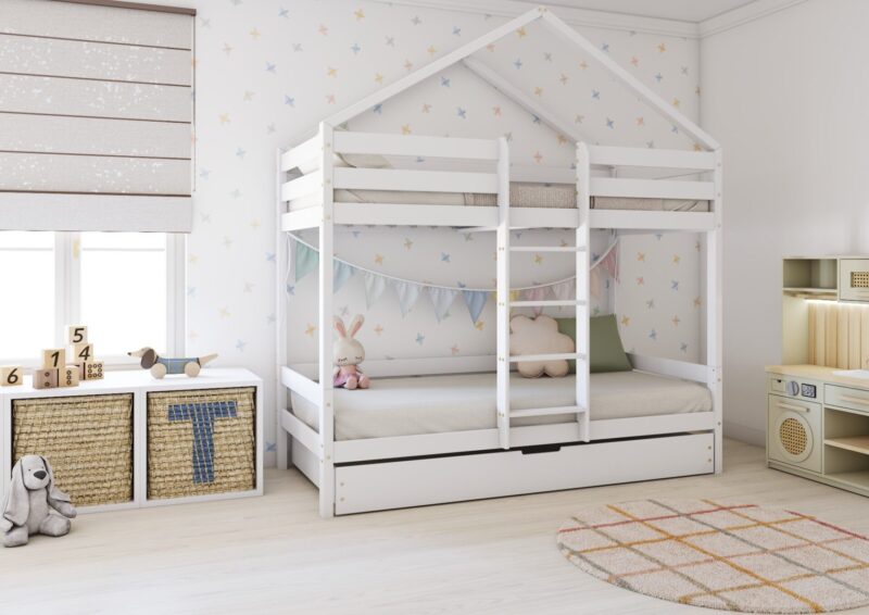 HUFFIE DUO PIĘTROWE drewniane łóżko piętrowe domek z poziomymi barierkami i szufladą z funkcją spania