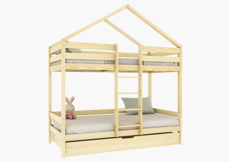 HUFFIE DUO PIĘTROWE drewniane łóżko piętrowe domek z poziomymi barierkami i szufladą z funkcją spania