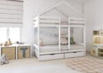 HUFFIE BOX PIĘTROWE drewniane łóżko piętrowe domek z poziomymi barierkami i szufladami na pościel
