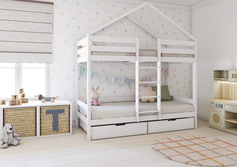 HUFFIE BOX PIĘTROWE drewniane łóżko piętrowe domek z poziomymi barierkami i szufladami na pościel