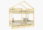 HUFFIE BOX PIĘTROWE drewniane łóżko piętrowe domek z poziomymi barierkami i szufladami na pościel
