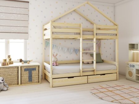 HUFFIE BOX PIĘTROWE drewniane łóżko piętrowe domek z poziomymi barierkami i szufladami na pościel