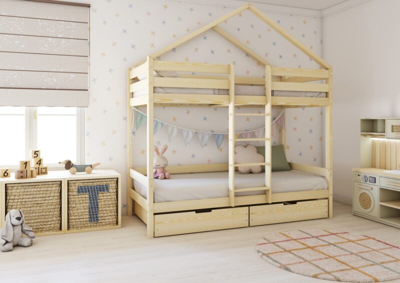 HUFFIE BOX PIĘTROWE drewniane łóżko piętrowe domek z poziomymi barierkami i szufladami na pościel