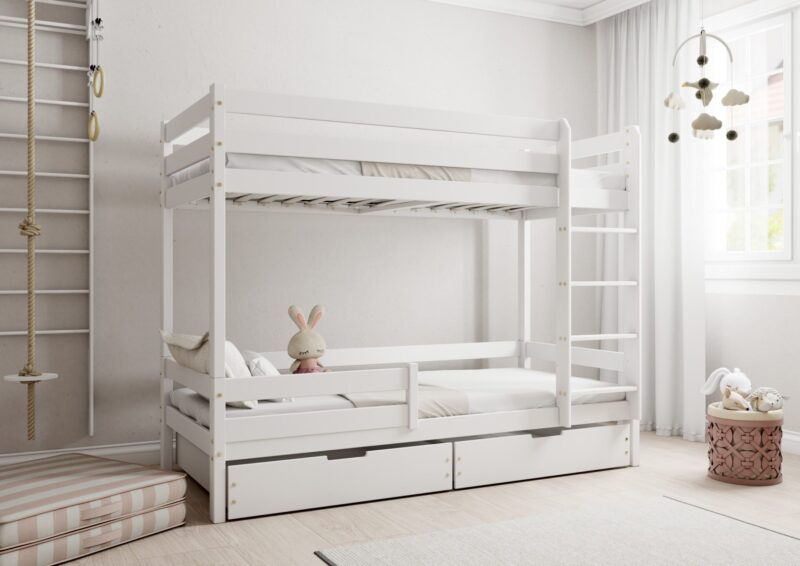 EDDIE drewniane łóżko piętrowe z poziomymi barierkami i szufladami na pościel