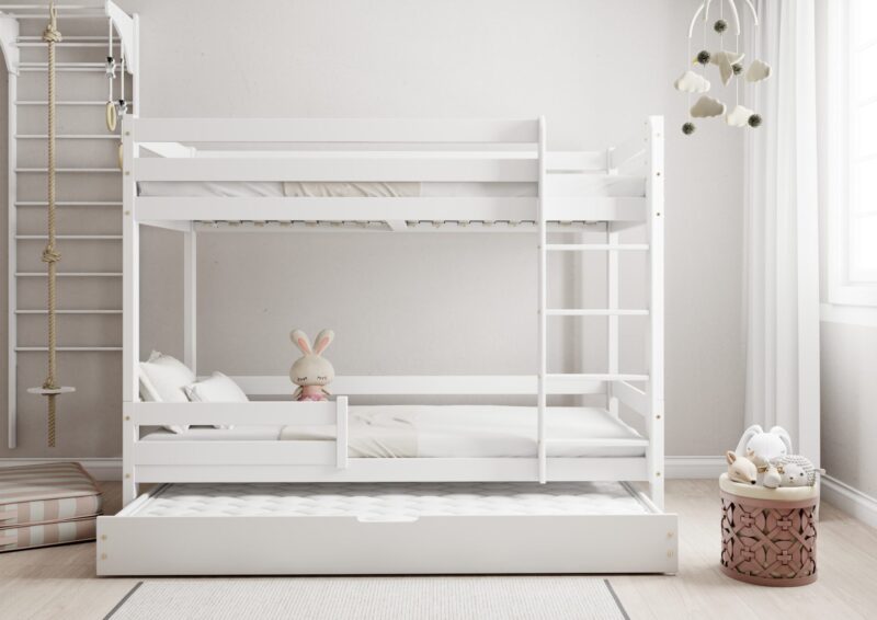 EDDIE drewniane łóżko piętrowe z poziomymi barierkami i szufladą z funkcją spania