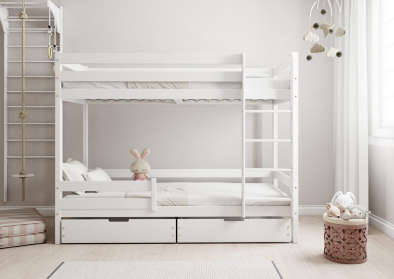 EDDIE drewniane łóżko piętrowe z poziomymi barierkami i szufladami na pościel