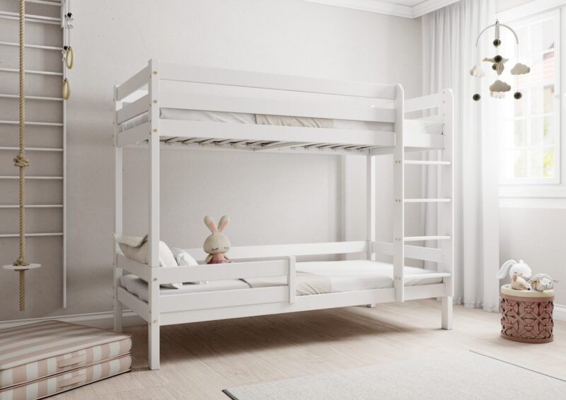 EDDIE drewniane łóżko piętrowe z poziomymi barierkami na wysokich nogach