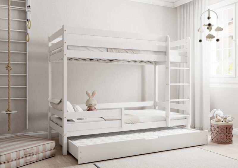 EDDIE drewniane łóżko piętrowe z poziomymi barierkami i szufladą z funkcją spania