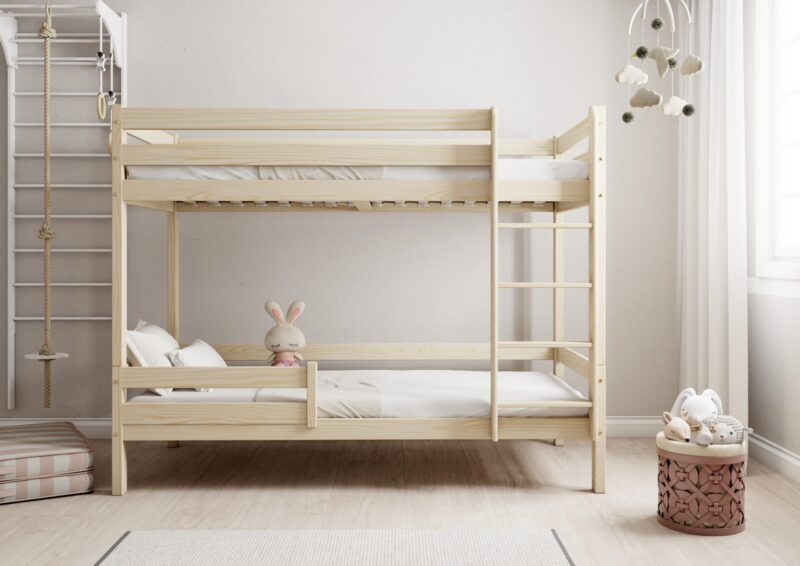 EDDIE drewniane łóżko piętrowe z poziomymi barierkami na wysokich nogach