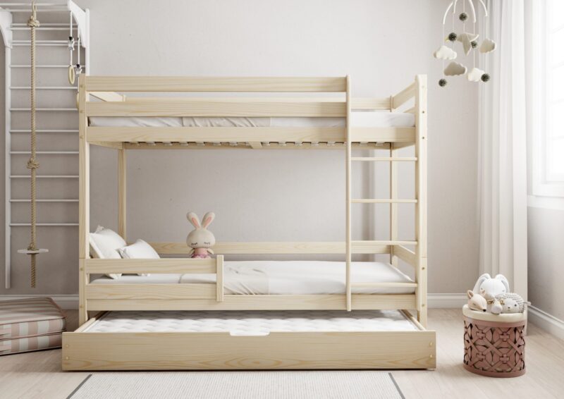 EDDIE drewniane łóżko piętrowe z poziomymi barierkami i szufladą z funkcją spania