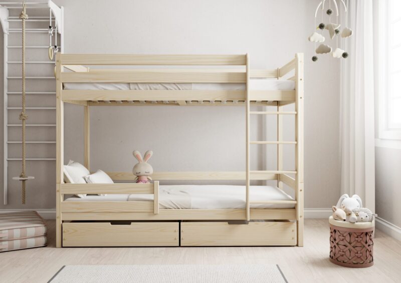 EDDIE drewniane łóżko piętrowe z poziomymi barierkami i szufladami na pościel