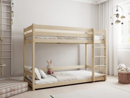 EDDIE drewniane łóżko piętrowe z poziomymi barierkami na niskich nogach