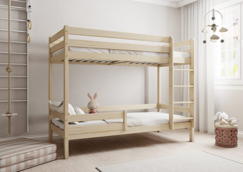 EDDIE drewniane łóżko piętrowe z poziomymi barierkami na wysokich nogach