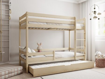 EDDIE drewniane łóżko piętrowe z poziomymi barierkami i szufladą z funkcją spania