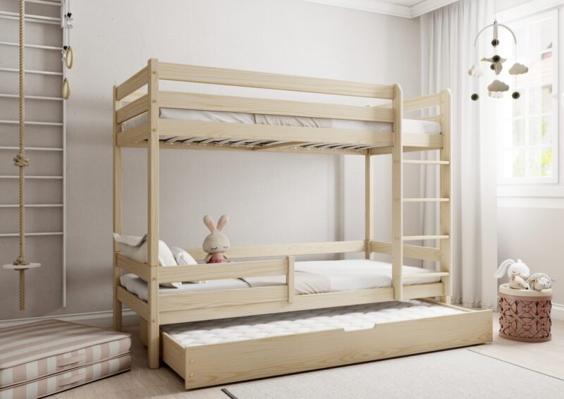 EDDIE drewniane łóżko piętrowe z poziomymi barierkami i szufladą z funkcją spania