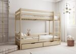 EDDIE drewniane łóżko piętrowe z poziomymi barierkami i szufladami na pościel