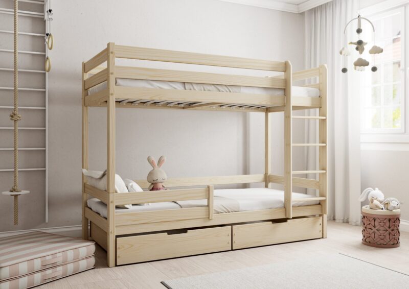EDDIE drewniane łóżko piętrowe z poziomymi barierkami i szufladami na pościel