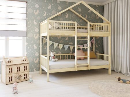 MURLO PIĘTROWE drewniane łóżko piętrowe z okrągłymi szczebelkami na wysokich nogach