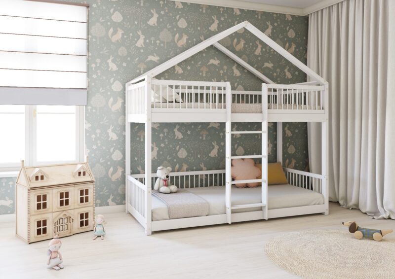 MURLO PIĘTROWE drewniane łóżko piętrowe z okrągłymi szczebelkami na niskich nogach