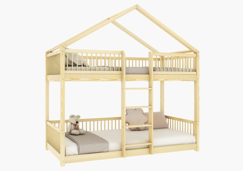 MURLO PIĘTROWE drewniane łóżko piętrowe z okrągłymi szczebelkami na niskich nogach