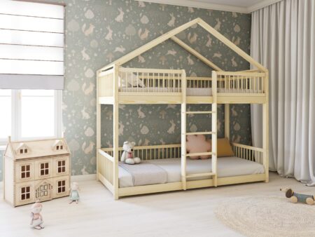 MURLO PIĘTROWE drewniane łóżko piętrowe z okrągłymi szczebelkami na niskich nogach