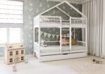 MURLO DUO PIĘTROWE drewniane łóżko piętrowe z okrągłymi szczebelkami i szufladą z funkcją spania