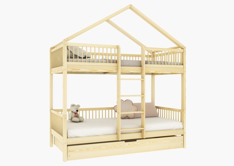 MURLO DUO PIĘTROWE drewniane łóżko piętrowe z okrągłymi szczebelkami i szufladą z funkcją spania