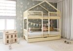 MURLO DUO PIĘTROWE drewniane łóżko piętrowe z okrągłymi szczebelkami i szufladą z funkcją spania
