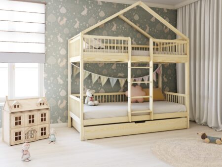 MURLO DUO PIĘTROWE drewniane łóżko piętrowe z okrągłymi szczebelkami i szufladą z funkcją spania