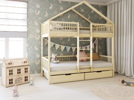 MURLO BOX PIĘTROWE drewniane łóżko piętrowe z okrągłymi szczebelkami na wysokich nogach