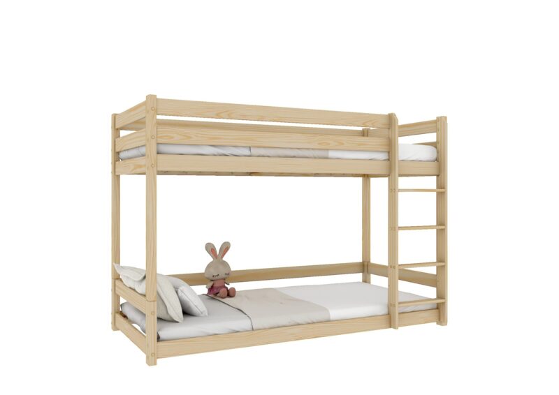 EDDIE drewniane łóżko piętrowe z poziomymi barierkami na niskich nogach